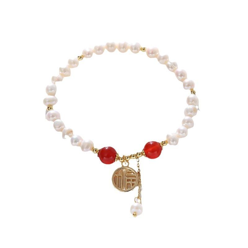 Red Agate Engraved Freshwater Pearl Bracelet Fashion Women Daily Jewelry Lucky Gift