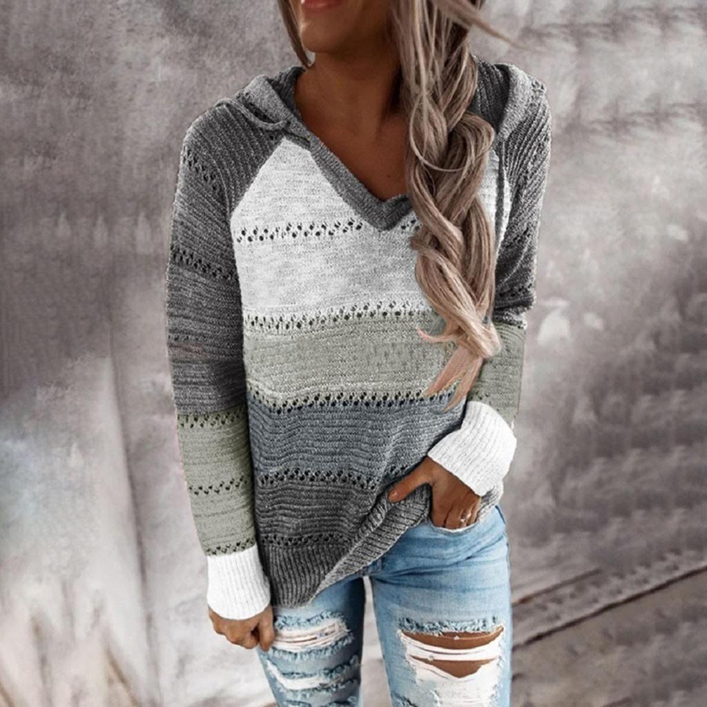 Fashion Women Casual Patchwork V-Neck Long Sleeves Hooded Sweater Blouse Tops