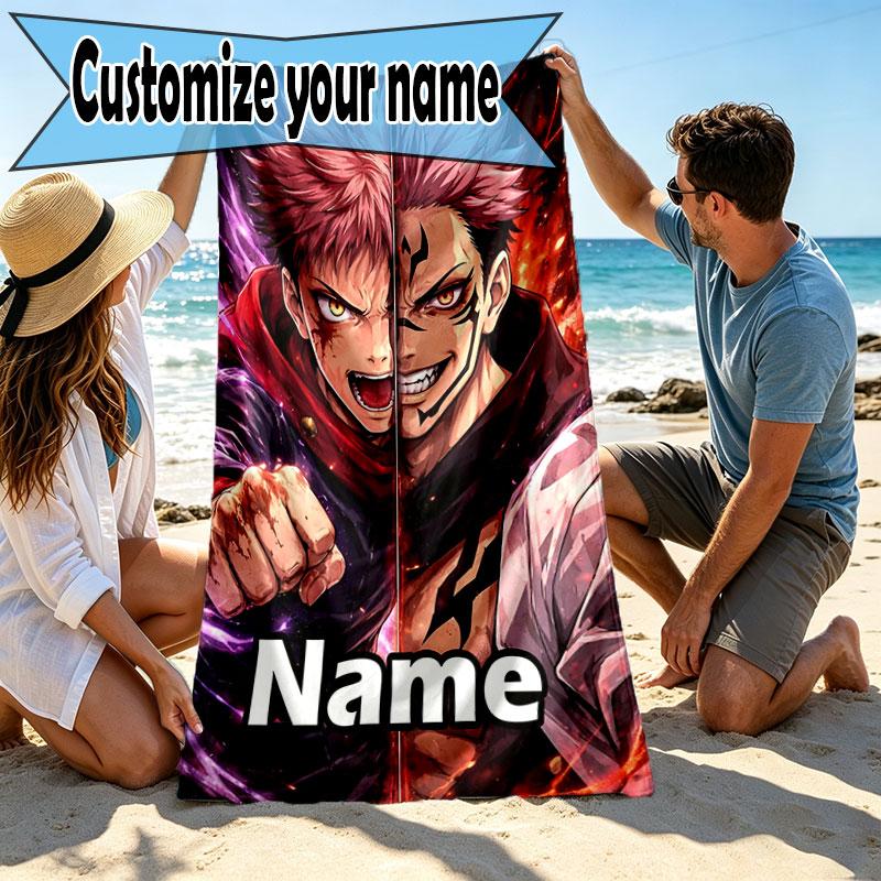 Custom Name Personalized Jujutsu Kaisen Print Beach Towel, for Trip Camping Beach Party Home Decor, Birthday Gift for Family & Friends