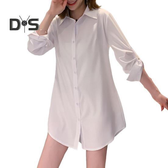 Dámská košile s klopou, dlouhým rukávem, střední délky, jednobarevná, knoflíková léga, ležérní střih, topy pro každodenní nošení