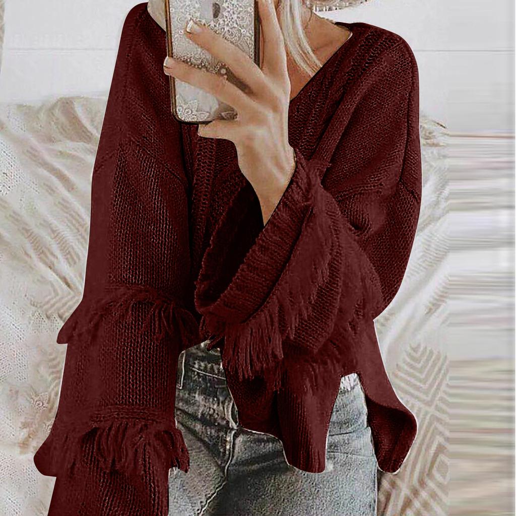 Women's  And Winter Loose Solid Color Wide Sleeve Tassels Stitching Long-sleeved  Knit Sweater Top
