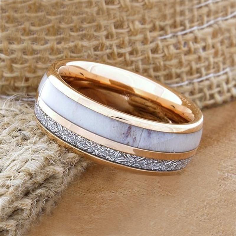 Fashion 8mm Men Stainless Steel Rings Rose Gold Color Brushed Deer Antler And Meteorite Rings for Men Wedding Band Jewelry Gift