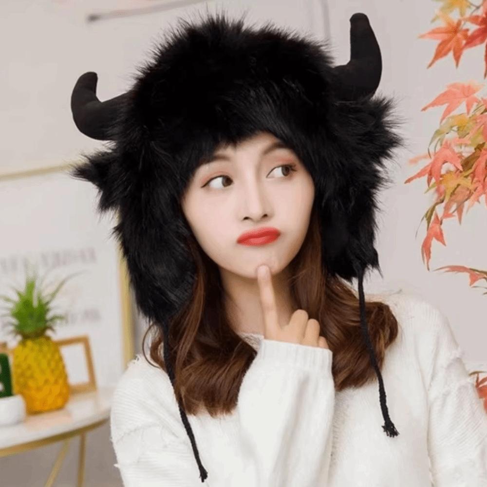 Solid Color Demon Ear Protection Hat Fur Trim Winter Pullover Cap Fashion Lei Feng Cap Riding