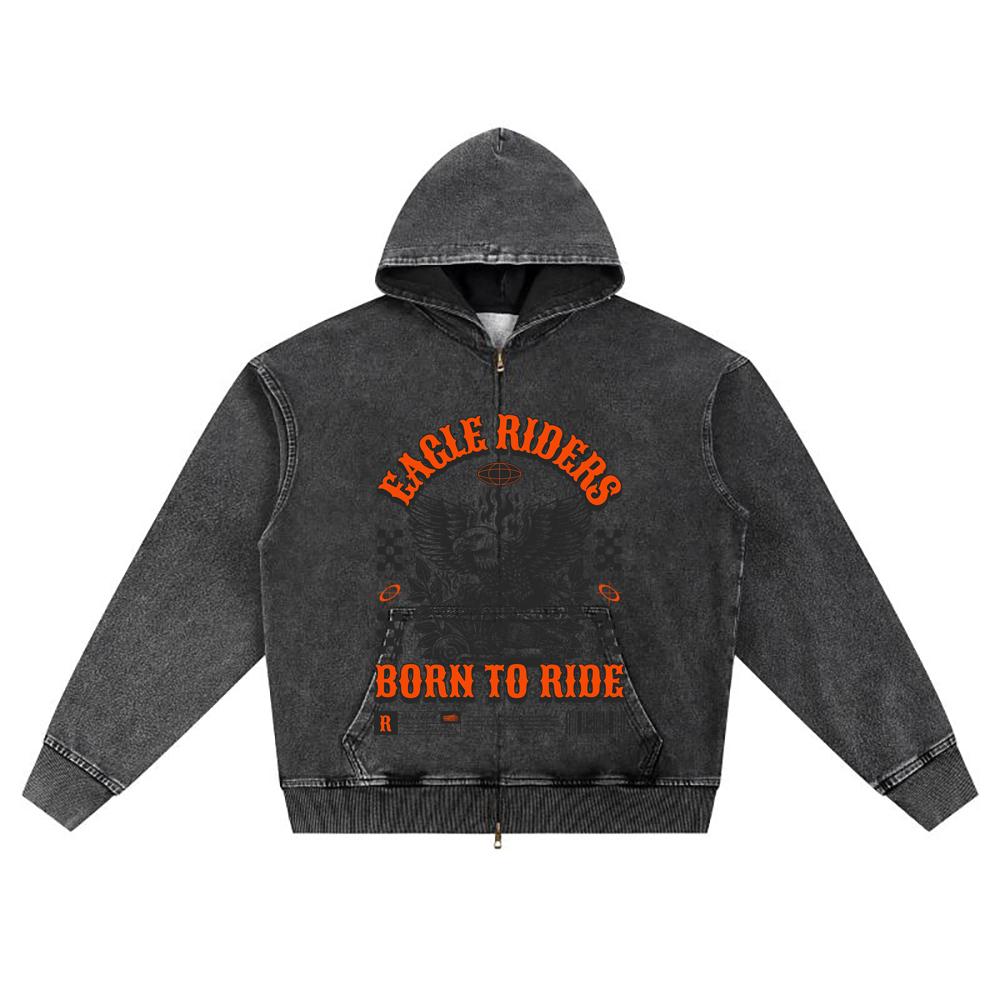 DTG print Knitted Denim Zip-Up Hoodie streetwear Motorcycle Brother Print Zipper Hoodies