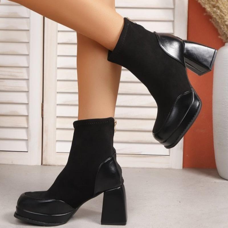 Fashion High Heels Women's Block Heel Booties 2025 New Autumn and Winter Plus Fleece Platform Stretch Skinny Boots Black