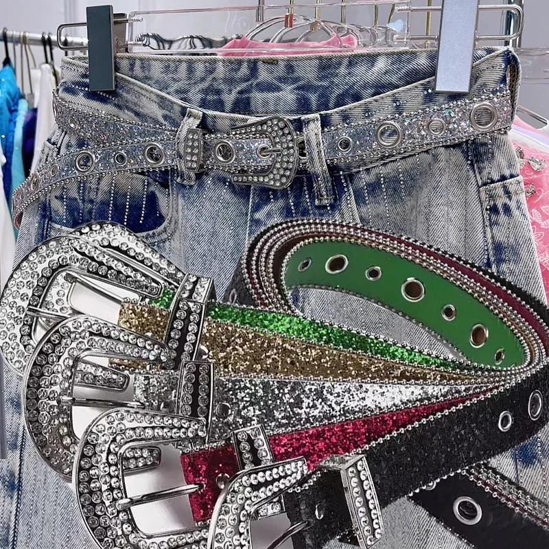 Punkový lesklý pásek s kamínky Pásky Značka Y2k Bling Flitrový designový pásek Pu Módní opasek do pasu Džíny Kalhoty Dekorační pásek pro ženy Muže