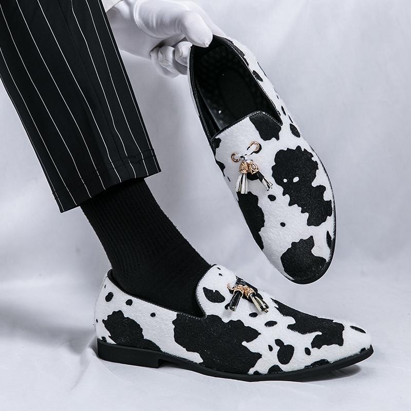 Mote Svart Hvit Kuskinn Lær Dusk Party Loafers Herre Karaktersko Slip-on Erte-sko Ballsko Kjøresko