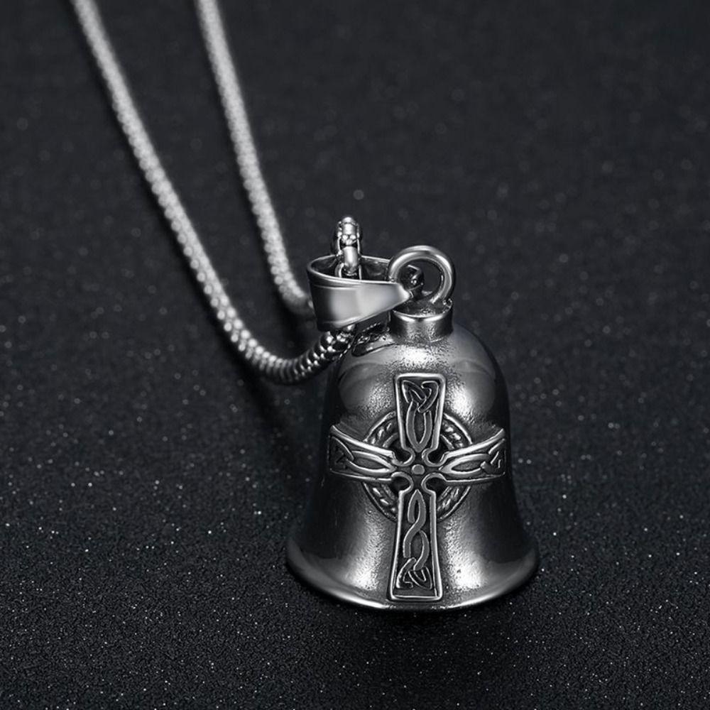 Nordic Style Lucky Bell Necklace Religious Biker Good Luck Charm Viking Cross Bell Necklace