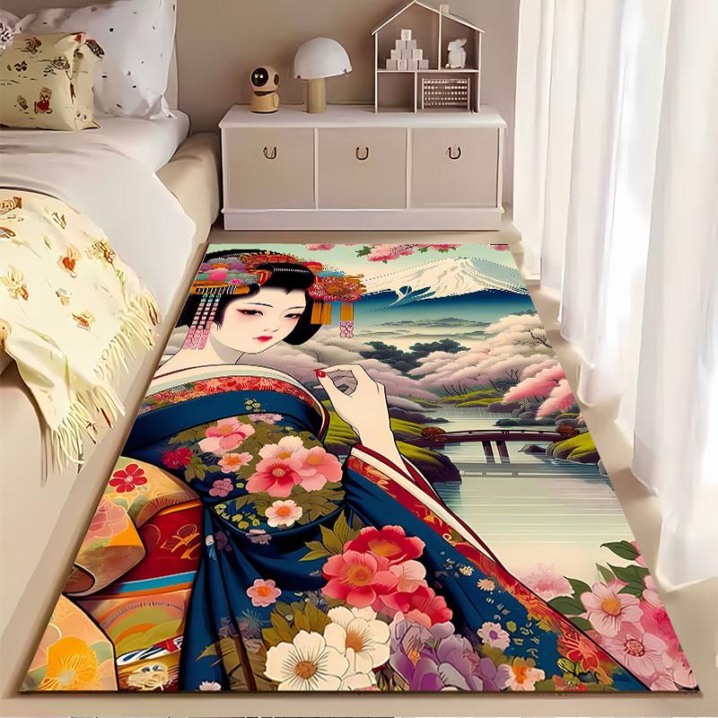 Geisha with Floral Kimono Scene suitable as a non-slip mat for the living room or bedroom sofa