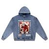 DTG print Knitted Denim Zip-Up Hoodie anime streetwear Brother Print Zipper Hoodies  