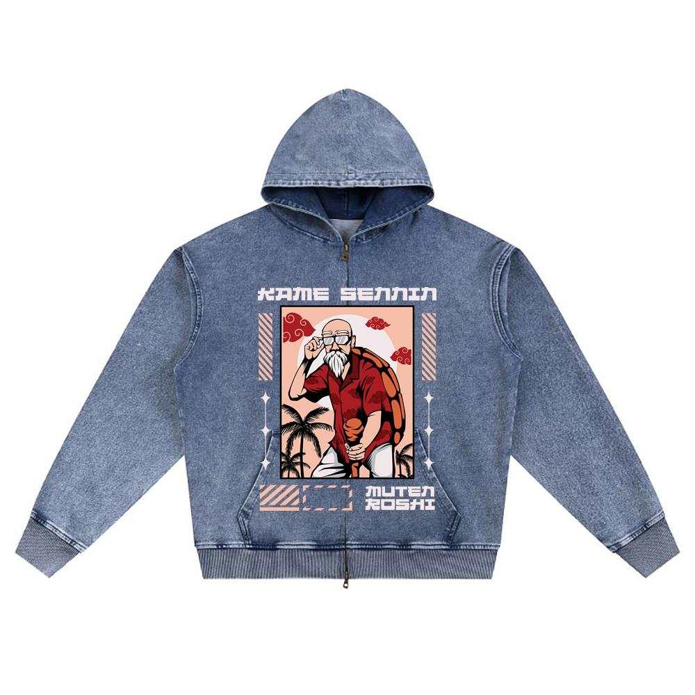 DTG print Knitted Denim Zip-Up Hoodie anime streetwear Brother Print Zipper Hoodies  