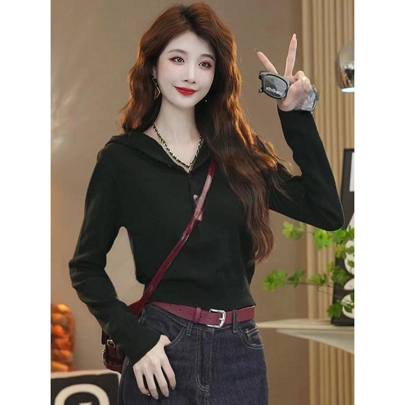 

Нишевый простой свитер с капюшоном с чувством дизайна, женский осенний новый универсальный вязаный топ One size fits all [recommended 80-60kg] чёрный