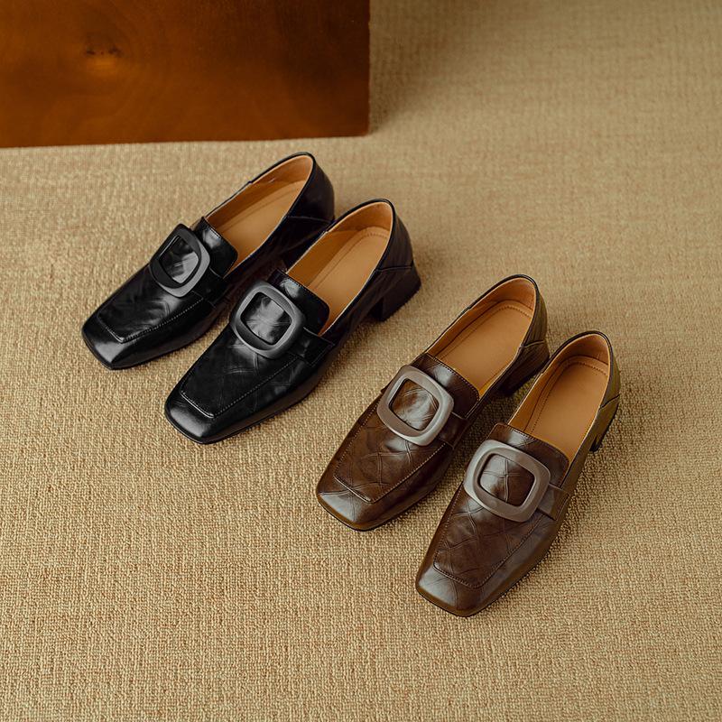 Square Head Versatile Light Mouth Single Shoes Women's Spring and Autumn New Thick Heel Leather Fashion Commuter Small Leather Shoes Women