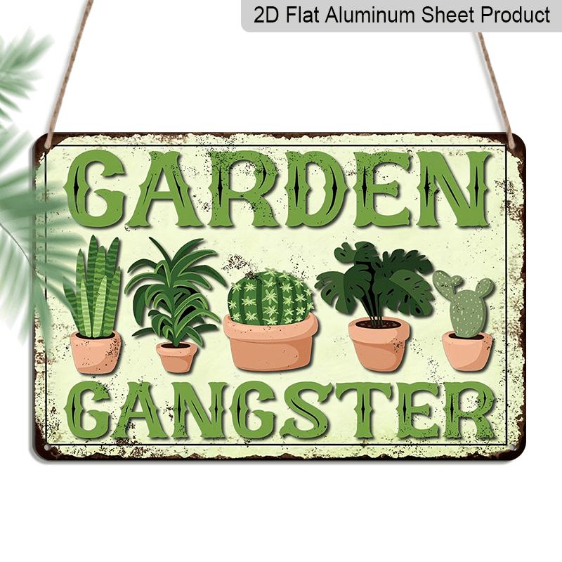 2D Flat, 1pc Vintage Funny Garden Aluminium Sign 8x12 Inch -  GARDEN GANGSTER  Quote, Potted Plant & Cactus Design, Distressed Green Finish 20*30cm
