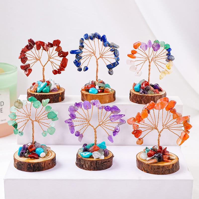 Natural Crystal Chips Tree Handmade With Copper Wire Wood Stump Base Money Tree Of Life Ornament Home Office Decor