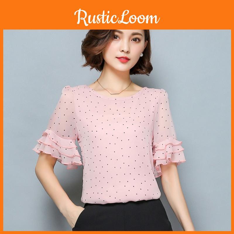 Summer Women Polka Dot Print Short Trumpet Sleeve Tops Stylish Casual Shirt