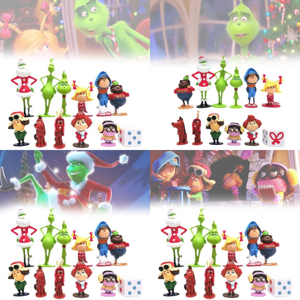 12 Entzückende Grinch-Figuren Weihnachten Thema Grüne Fellcharaktere Sammlerdeko