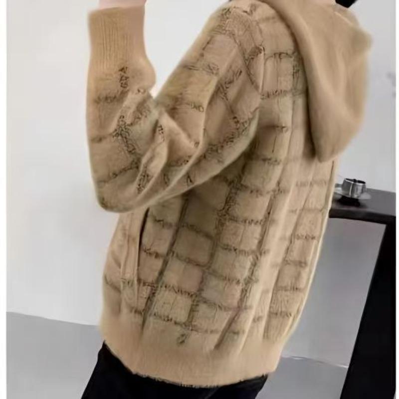 Mink Hooded Cardigan Loose New Autumn and Winter Versatile Sweater Plaid Knitted Short Top Jacket