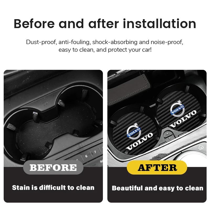 2Pcs Carbon Fiber Coaster Car Water Cup Anti-slip Pad Mat Auto Interior For Volvo Rdesign XC60 XC90 V50 XC40 V70 S90 V60 V40 S60