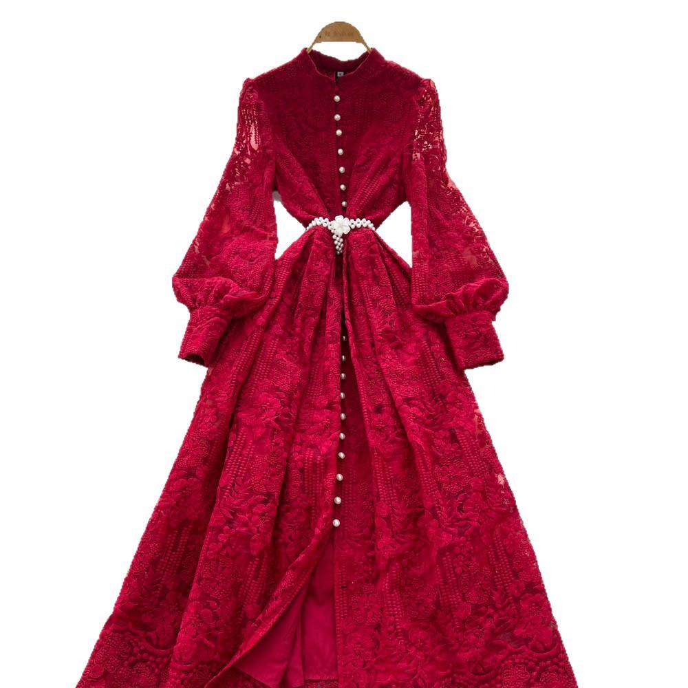 French retro court style bead single-breasted strap waist embroidered mesh dress women's elegant big swing dress