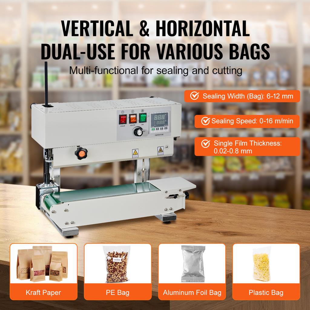 SucceBuy Vertical/Horizontal Band Sealer Carbon Steel Continuous Bag Band Sealing Machine for 0.02-0.8mm Plastic Bags Packing