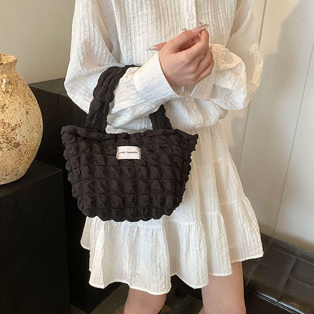 Pleated Bubble Handbag Women's Plaid Small Handbags Travel Storage Shoulder Bags with Zipper Solid Color Tote Armpit Bag