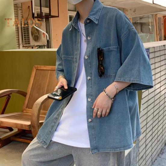 Men Denim Button-down Shirt Short Sleeve Lapel Shirt with Chest Pockets Loose Fit Casual Shirt for Summer Daily Wear Vacation Street