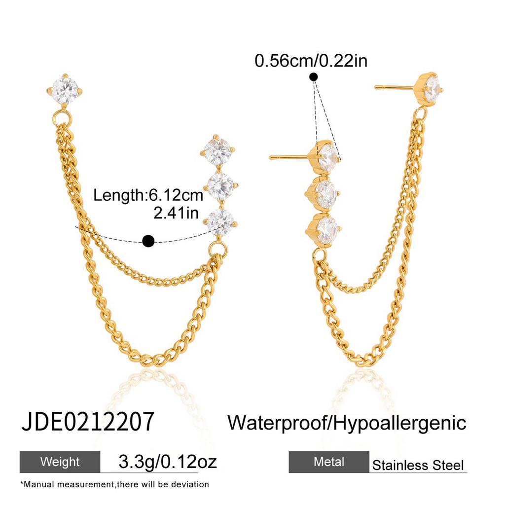 Jingqiao Stainless Steel 18K Gold Plated White Zircon Tassel Earrings Chain Classic Women