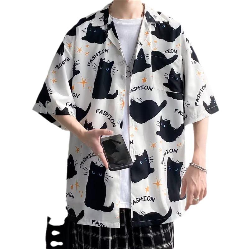Men's Hip Hop Retro Cat Print Short Sleeve Shirt