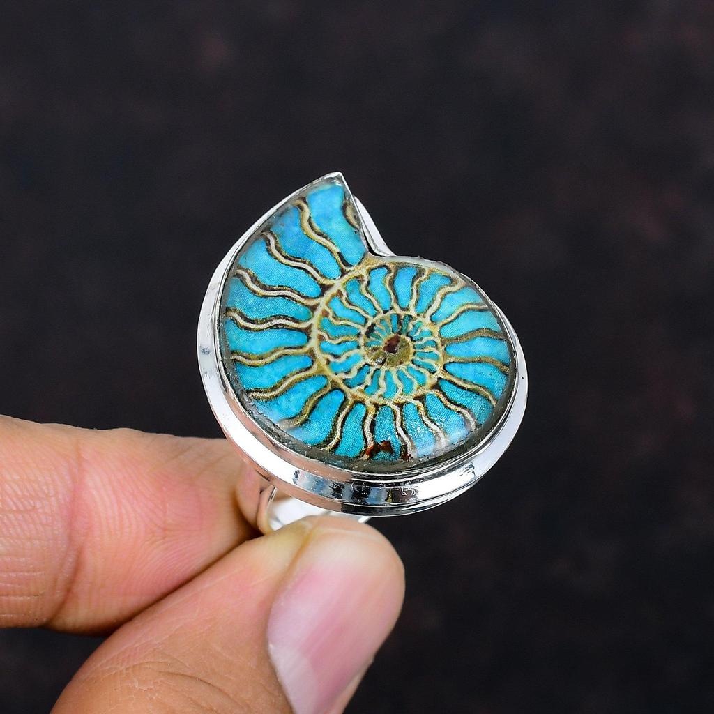 Blue Turquoise In Ammonite Fossil Ring 925 Sterling Silver Ring Adjustable Ring Silver Jewelry Handmade Real Gemstone Ring Engagement Gifts
