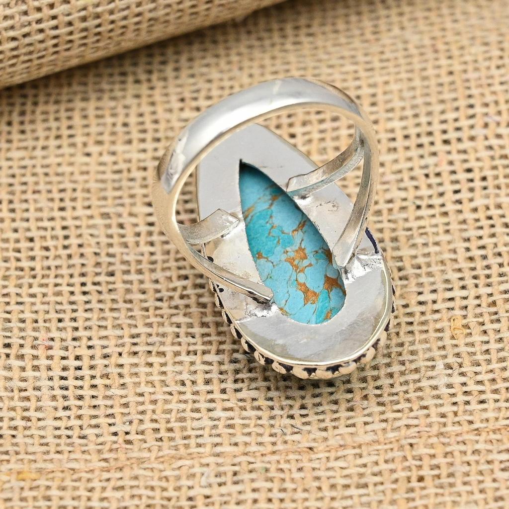 Blue Copper Turquoise Gemstone 925 Sterling Silver Handmade Ring Jewelry Beauteous Gift For Her