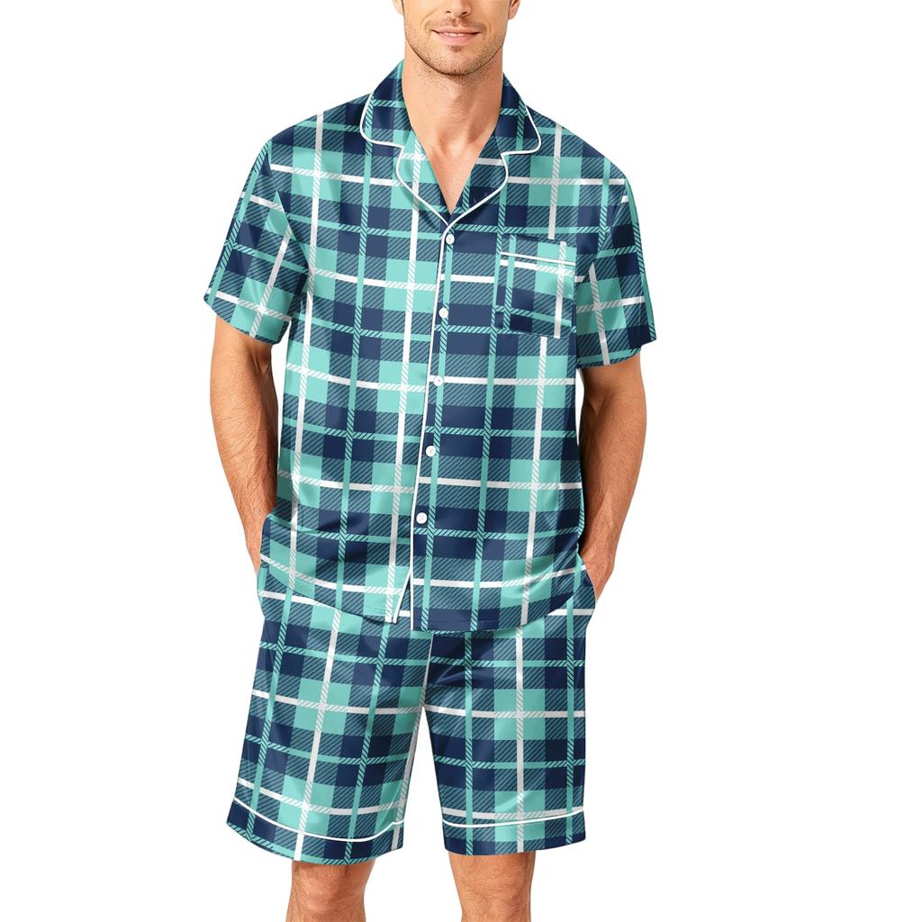 Men's Short Sleeve Button Down Pajama Set with Shorts Soft Casual Sleepwear Lounge Set Available in Sizes S to XXXXL