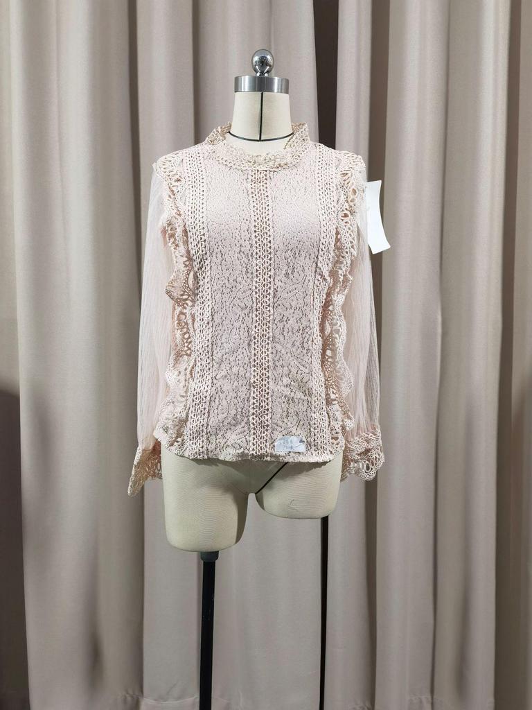 Elegant Mesh Puff Sleeve Round Neck Lace Top 