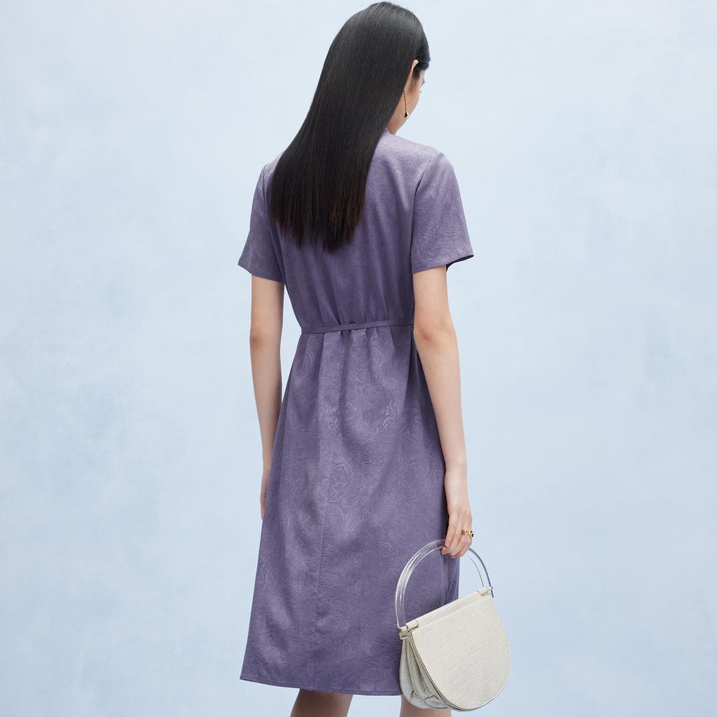 [Dark Pattern Jacquard] Spring/Summer Small Collar Strap Waist Solid Color Fashion Heavy Weight Mulberry Silk Dress for Women