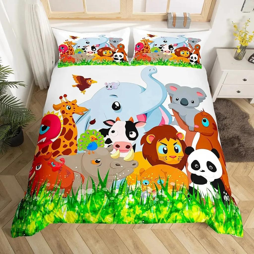 Cartoon Safari Animal Duvet Cover Set Giraffe Lemur Rhino Lion Bedding Set Elephant Camel Snake Hippo Zoo Jungle Comforter Cover