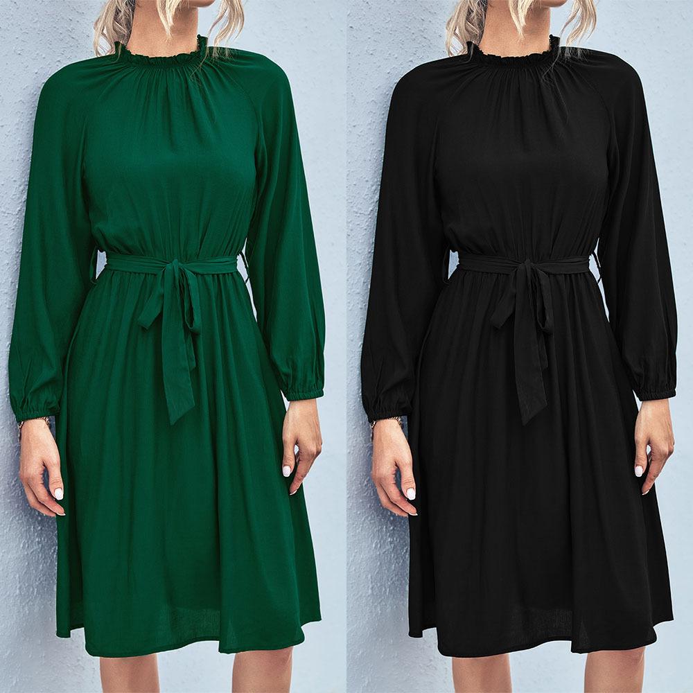 YYFS Frauen Herbst Winter Mode Lange Ärmel Lotus Blatt Kragen Mid-kalb Casual Kleider