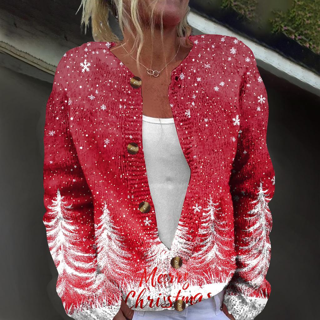 Damemote juletrykt langermet strikket cardigan-jakke med knapp