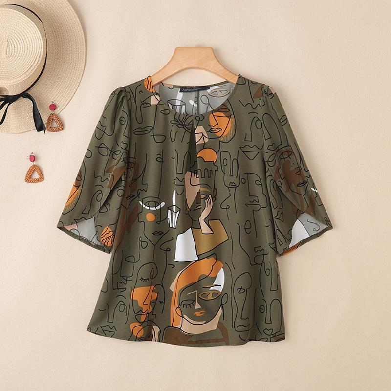 ZANZEA Bluză casual de damă cu gât rotund, mânecă scurtă, largă, cu imprimeu