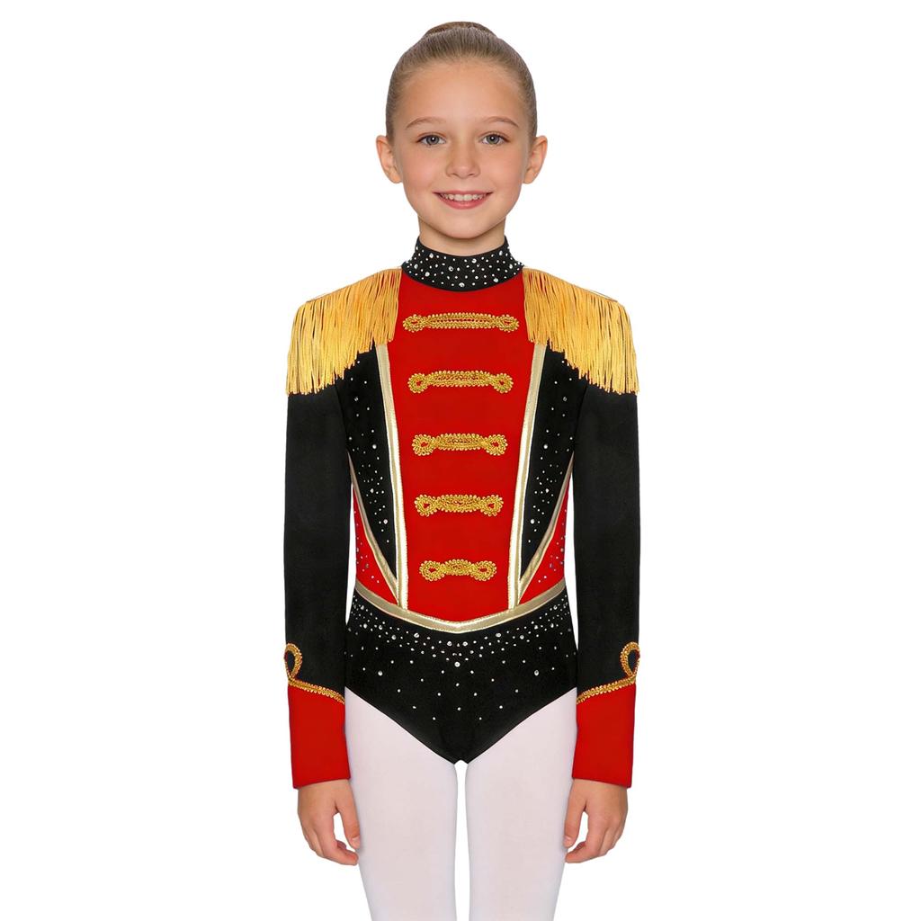 Children‘s Circus Themed Leotard Sparkly Rhinestones Long Sleeve Tassel Shoulder Pads Contrast Color Bodysuit for Stage Performance