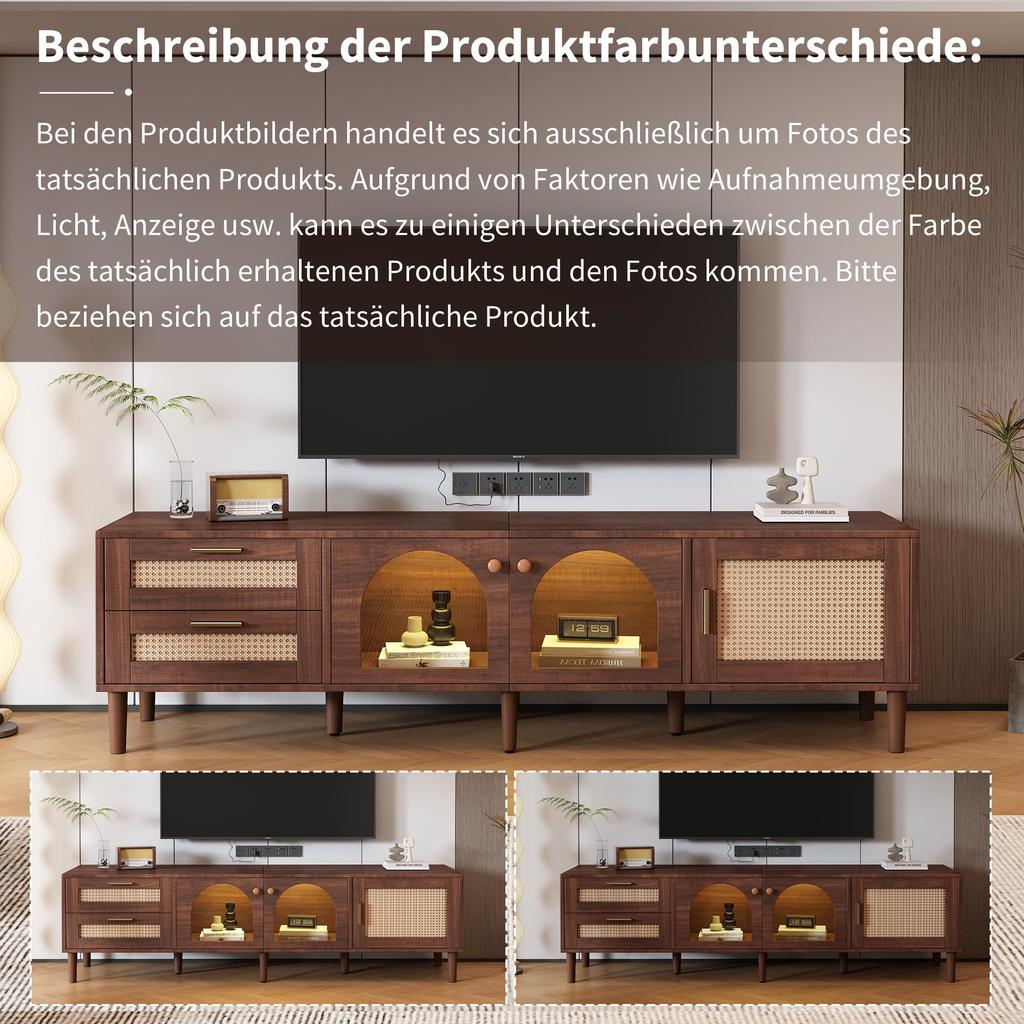 TV Board TV-Schrank Lowboard 2 Schubladen, 2 gewölbten Glastüren, 1 Rattan-Tür, TV-ständer Fernseher bis zu 80 Zoll, 180 cm, Wohnzimmer, Braun