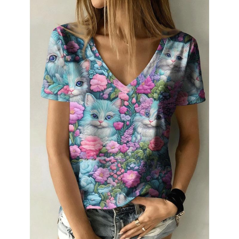 Women's Summer Casual V-neck Short-sleeved T-shirt, with Fashionable 3D Print, Suitable for Outings or At Home