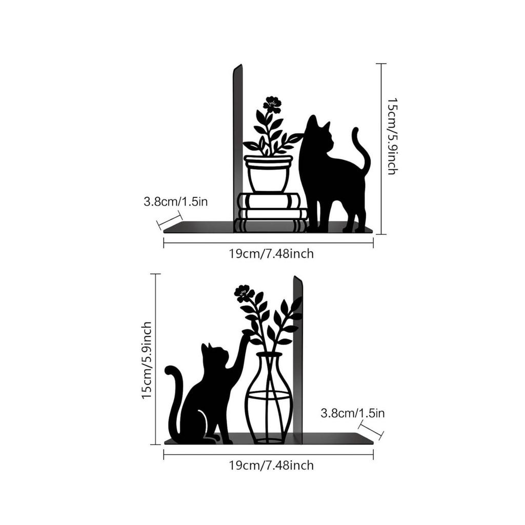 Black Metal Bookend with Cat Decor Stable CatandPlant Decorative Sturdy Animal Bookends for