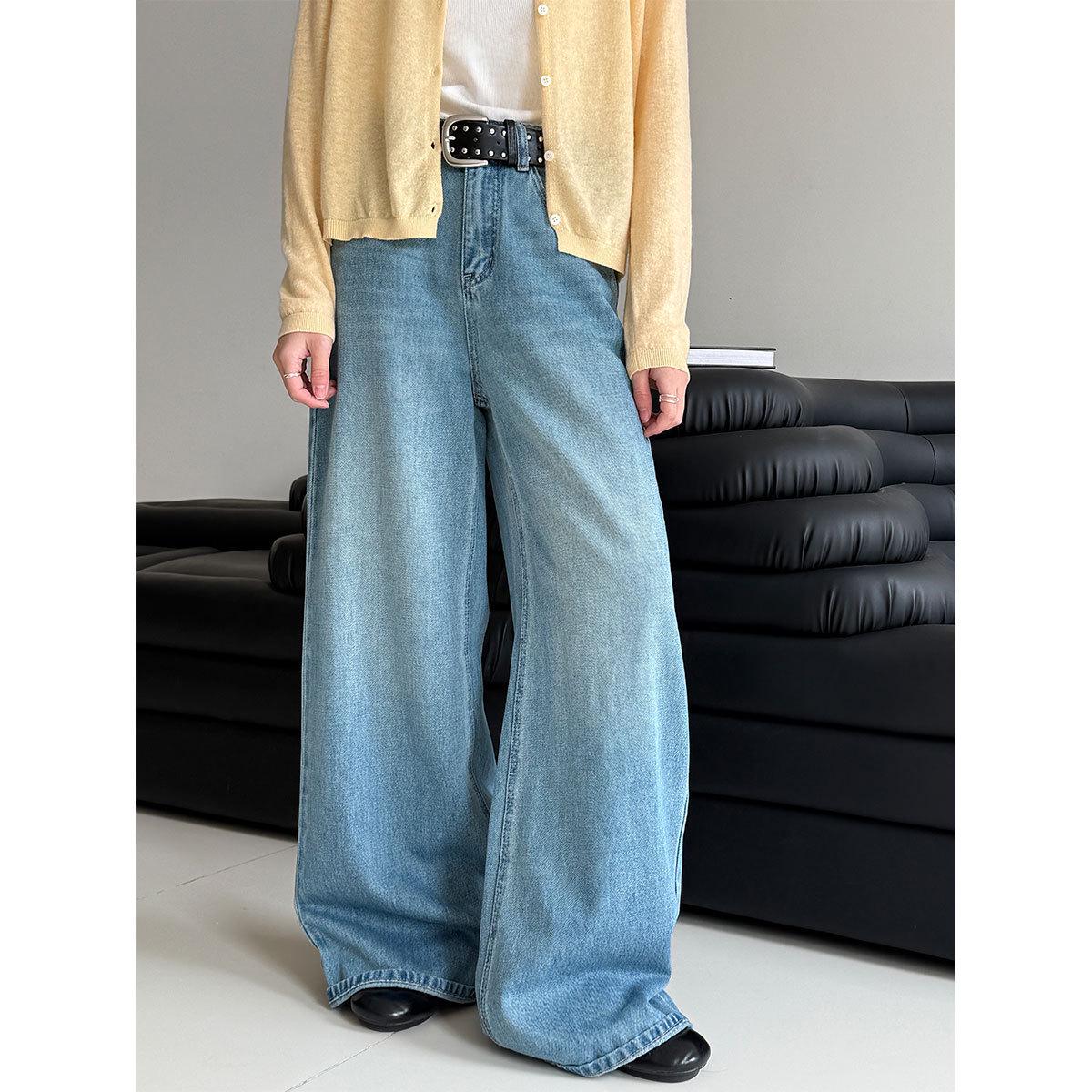 

LUXI Korean Style High Waist Wide Leg Jeans with Rivet Belt - Women s Loose Slimming Straight Floor-Length Pants for Spring M