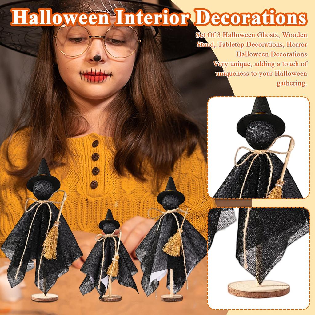 Halloween Interior Decorations - Set Of 3 Halloween Ghosts, Wooden Stand, Tabletop Decorations, Horror Halloween Decorations