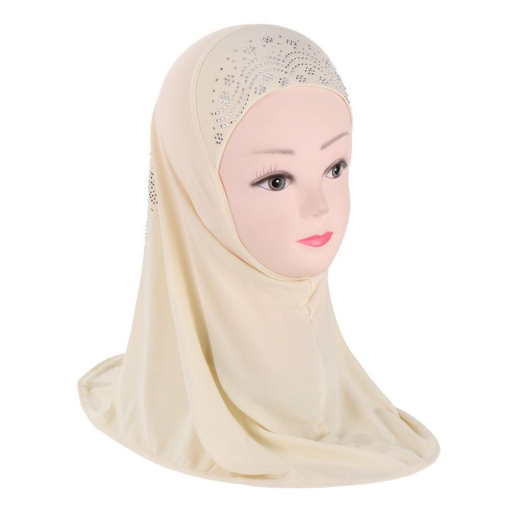 Beautiful Cute Girl Rhinestones Hijab Simple Flower Head Wrap Polyester Easy Pull-On Pray Hat Children