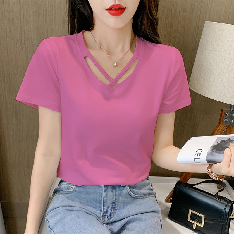 2025 Women's Korean Style V-Neck Short-Sleeve Solid Color T-Shirt