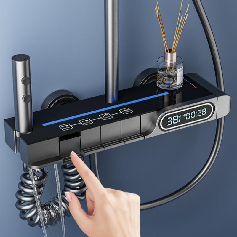 Temperature Display Shower Set System Wall Mount 4 Function Piano Key Rainfall Hot Cold Bathtub Shower Faucet Set For Bathroom