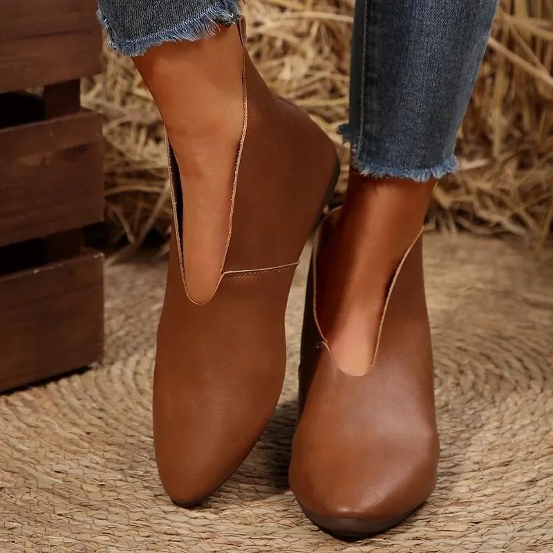 

Обувь Женская 2025 Большой Размер Ботильоны Женские Ретро Современные Ботинки Женские Швы Заостренный Носок Слипоны Низкий Каблук Уличная Обувь Женская 42