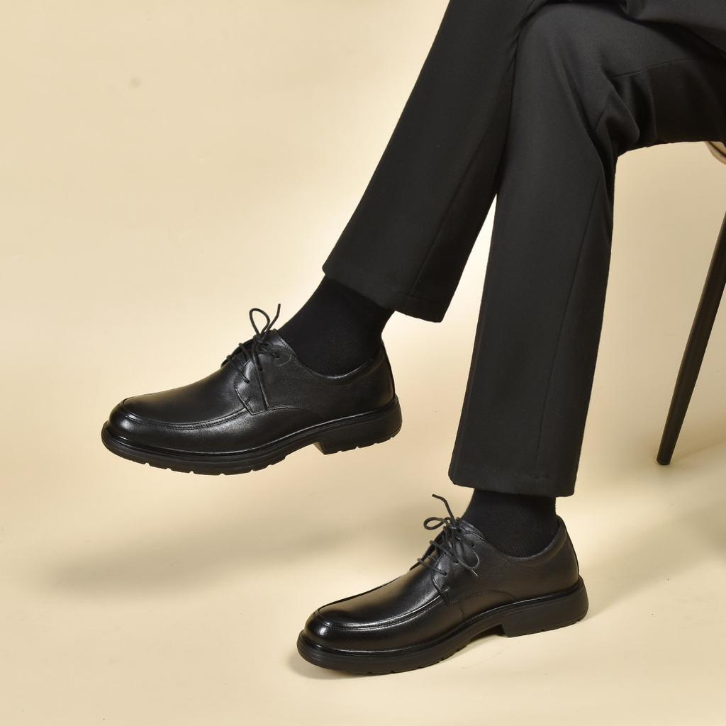 Men'S Leather Shoes Business Dress Shoes First Layer Cowhide Lace-Up Flats Black Professional Work Shoes