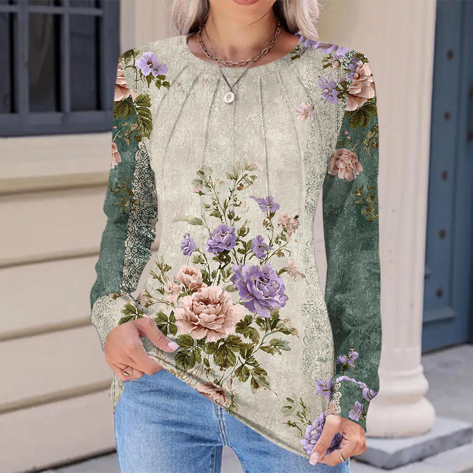 

Женская модная повседневная футболка с цветочным ретро-принтом, плиссированная, удобная, с круглым вырезом, свободная, с длинным рукавом XL